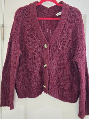 Rag Supply Cozy Fisherman Cable Knit Cardigan -  Red Plum